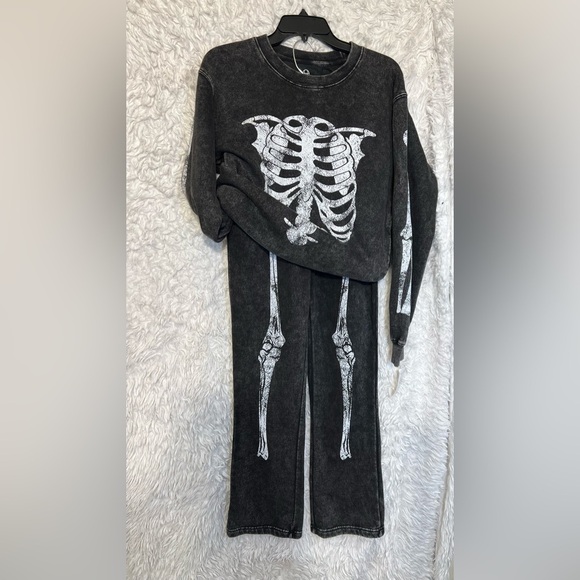 🖤☠️NWT-Hills and Valleys Black Garment Dyed Skeleton Coord Set Sz S🖤☠️ - Picture 2 of 12